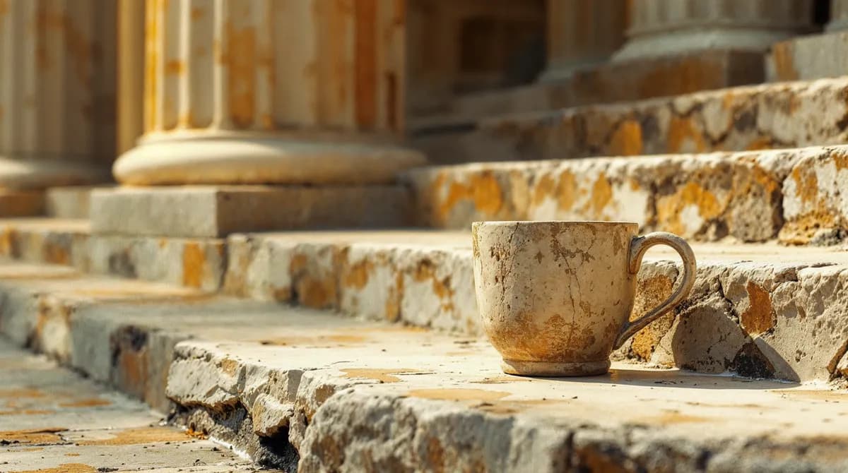 A hemlock cup on worn stone steps, the final act of a practiced philosopher