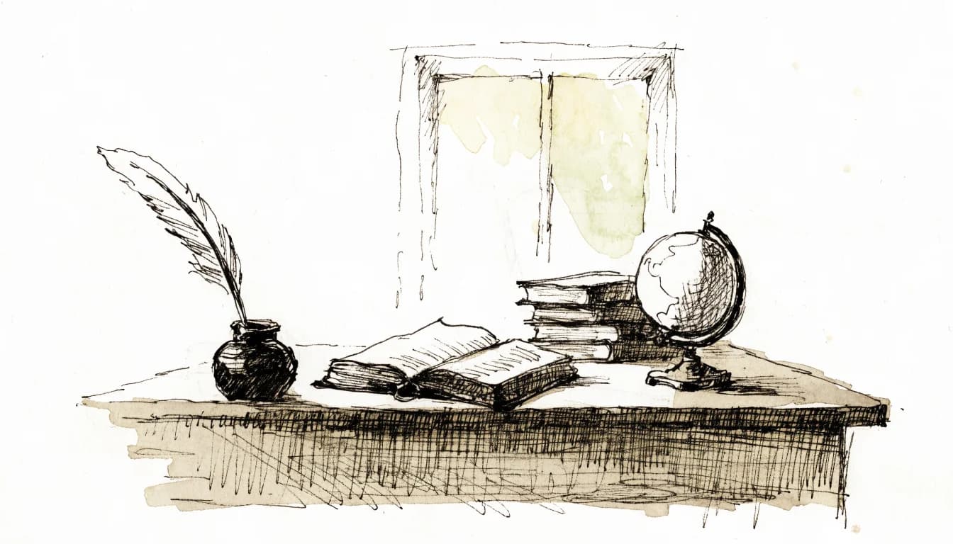 A study desk with an open book, a globe, and a quill, an ink sketch