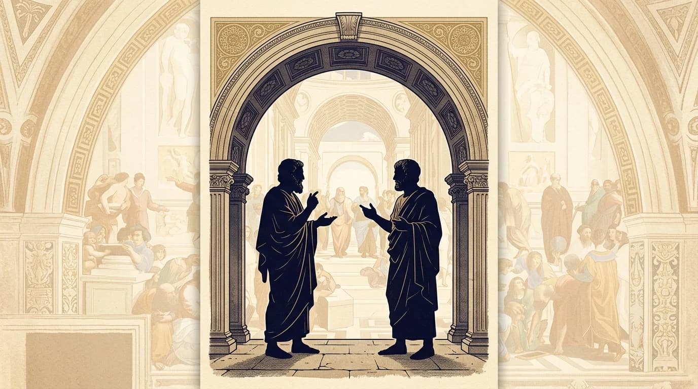Two thinkers under the archway: philosophy was never a solitary monologue, but a lifelong dispute across time