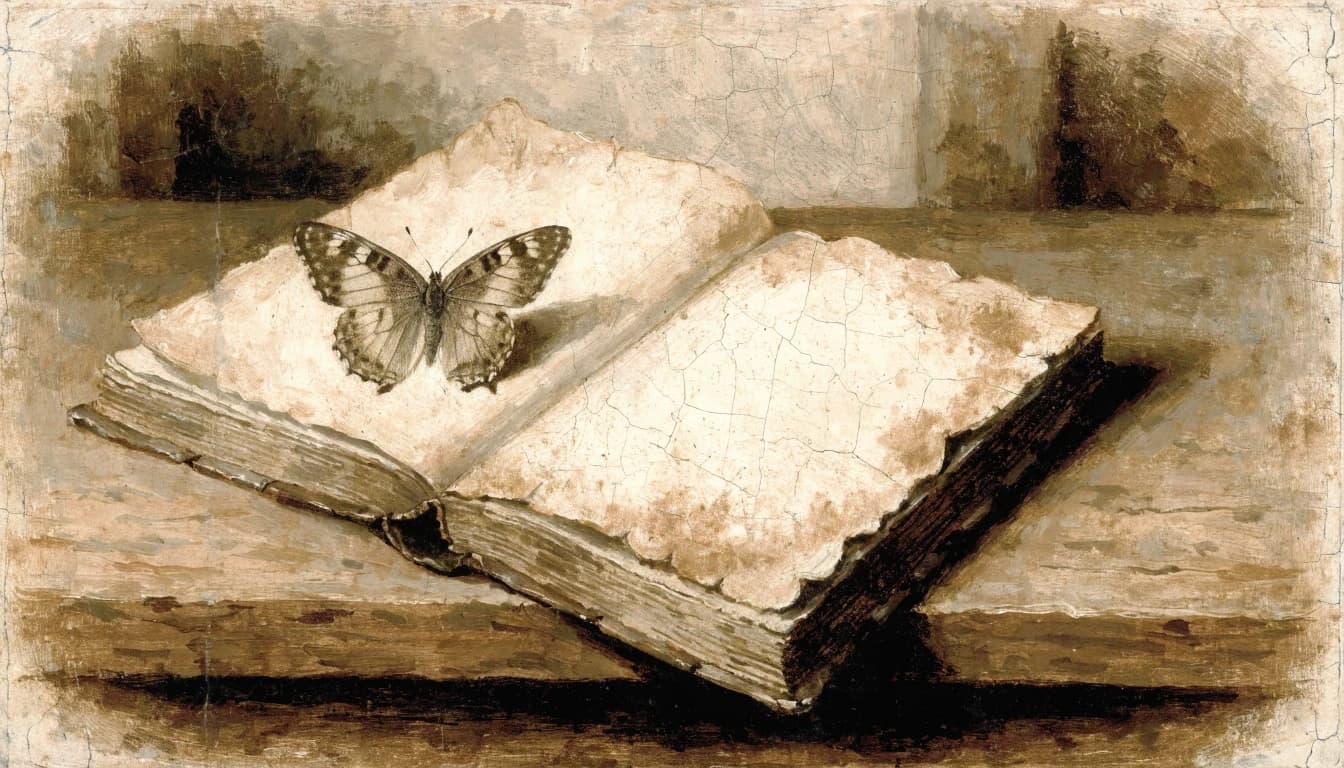 A butterfly at rest on an open page, Zhuangzi's dream of not knowing which one was dreaming.