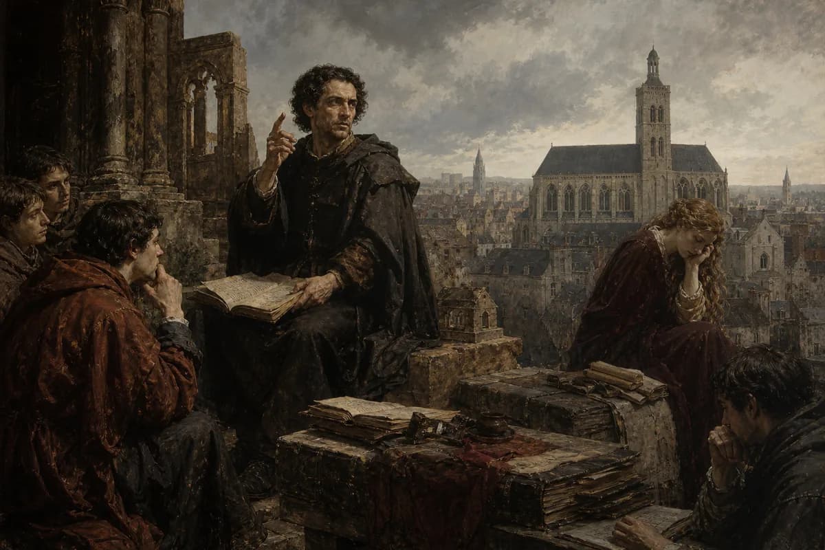 Abelard Sainte-Geneviève tepesinde mantık öğretiyor; Sic et Non çelişkileri ve Héloise'nin gölgesi.
