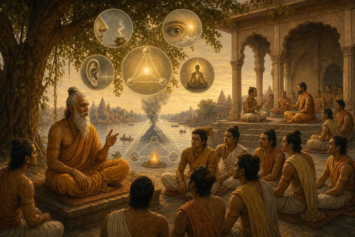 Akshapada Gautama Ganj kıyısında Nyaya mantığını öğretiyor; dört pramana ve beş bölümlü tümceler münazara salonu ışığında.