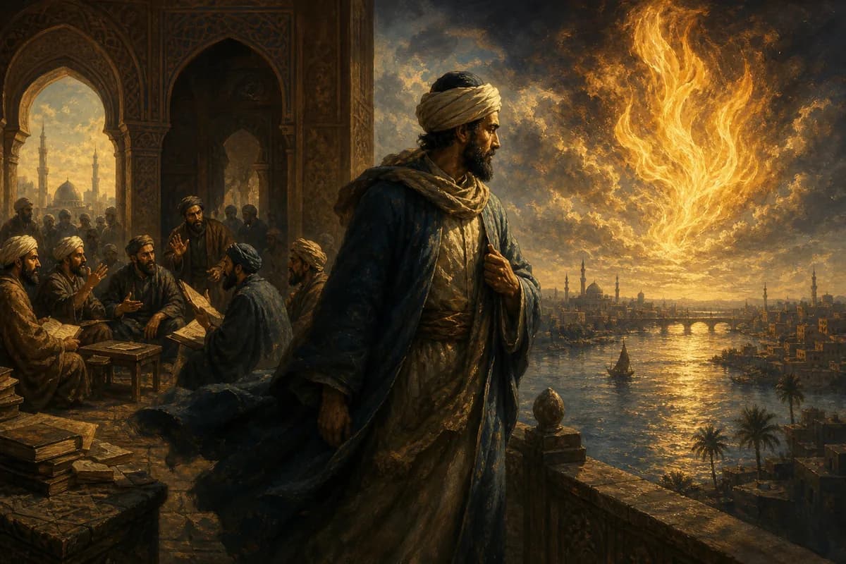El-Eş'ari Bağdat'taki Mutezile münazara salonundan dönüyor; ilahi irade Dicle üzerinde alevle yazılıyor.