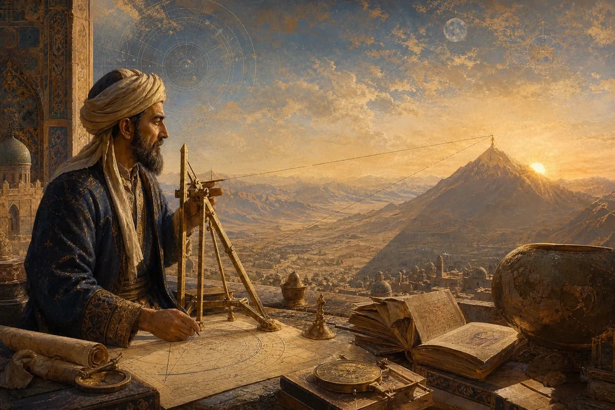 Al-Biruni measures a mountain shadow at dawn, earth's curve and Sanskrit texts spread across his instruments.