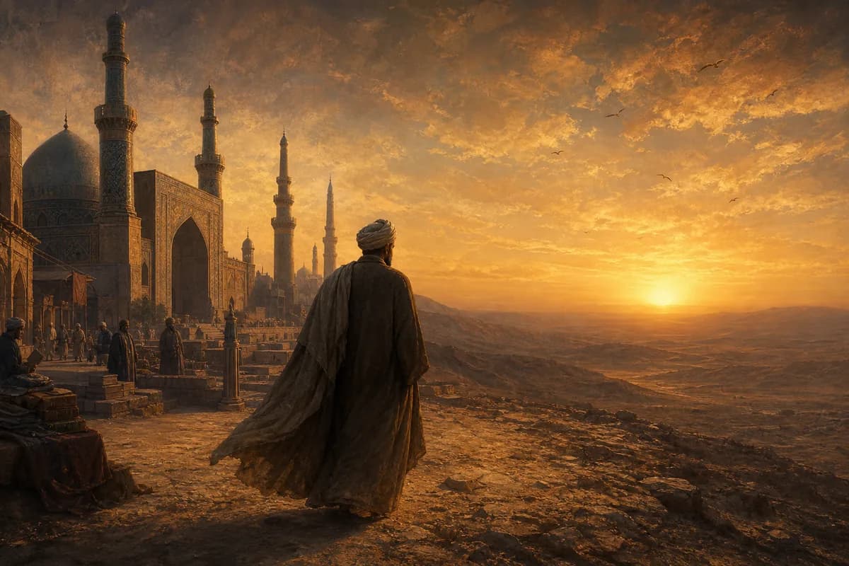 Al-Ghazali walks away from Baghdad's Nizamiyya madrasa into desert silence, fame fading behind minarets.