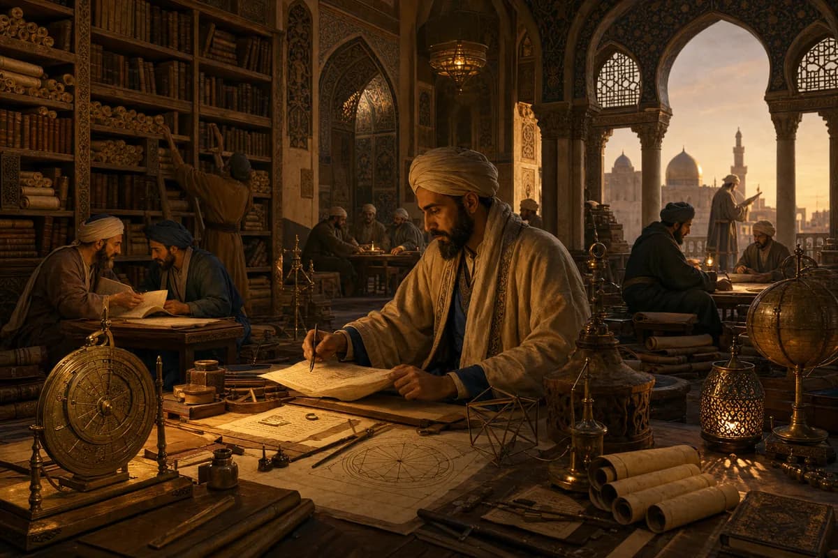 Al-Kindi in the House of Wisdom, Greek scrolls unrolling into Arabic script, astrolabe and geometric diagrams in lamplight.