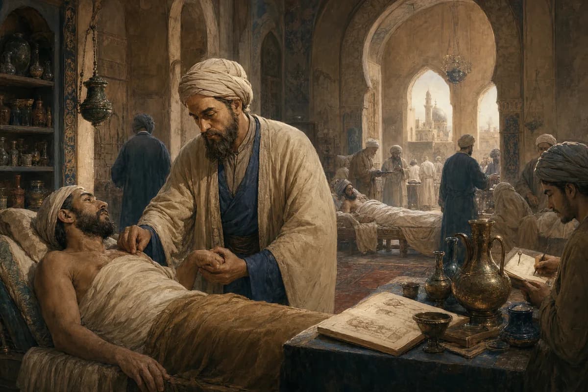 Al-Razi examines patients in a Baghdad hospital ward, clinical notes beside alchemical vessels and skeptical treatises.