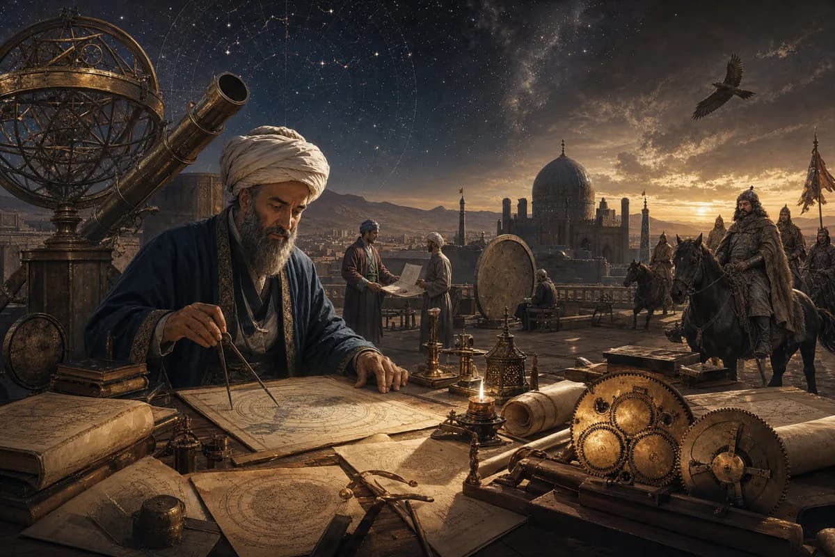 Nasir al-Din al-Tusi at Maragheh observatory, Tusi couple gears tracing corrected heavens above saved manuscripts.