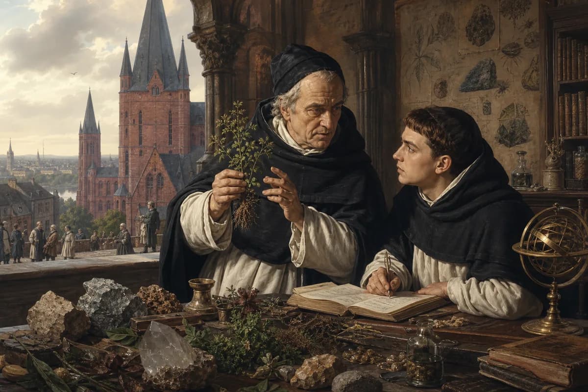 Albertus Magnus examines plants and minerals at Cologne, Aristotle commentaries and young Aquinas listening, nature as second scripture.