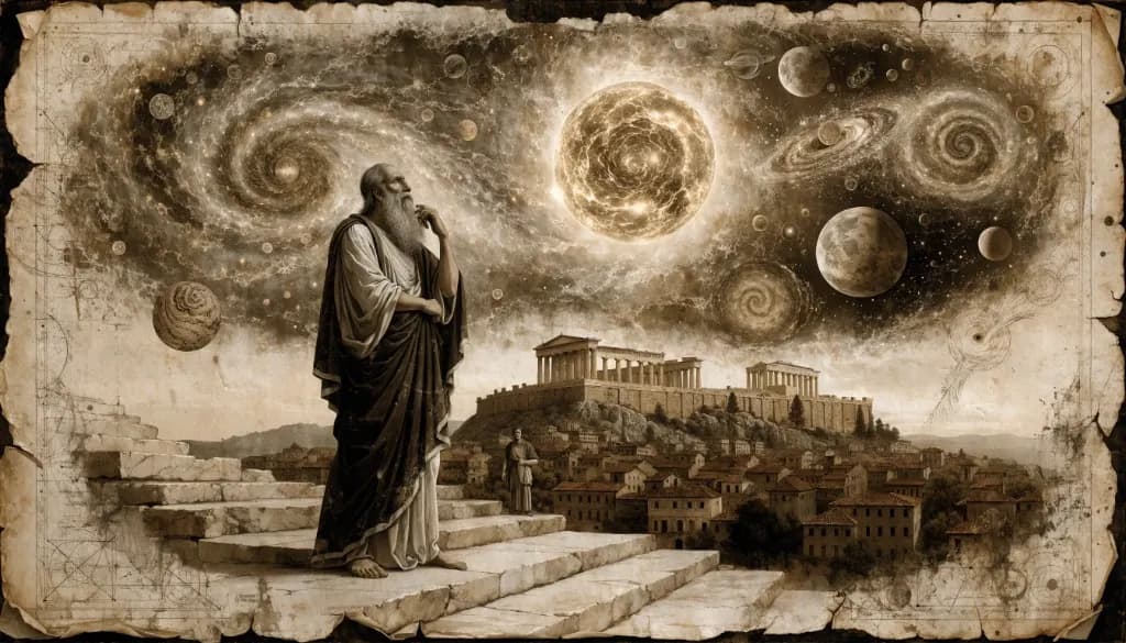 Anaxagoras looks over Athens beneath a sky of suns, moons, planets, and spiraling galaxies, evoking his claim that Mind orders the cosmos.