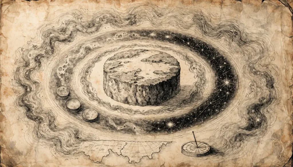 A flat earth disk floats inside rings of stars, planets, smoke, and sketched maps, evoking Anaximander's boundless origin and his attempt to chart the cosmos.
