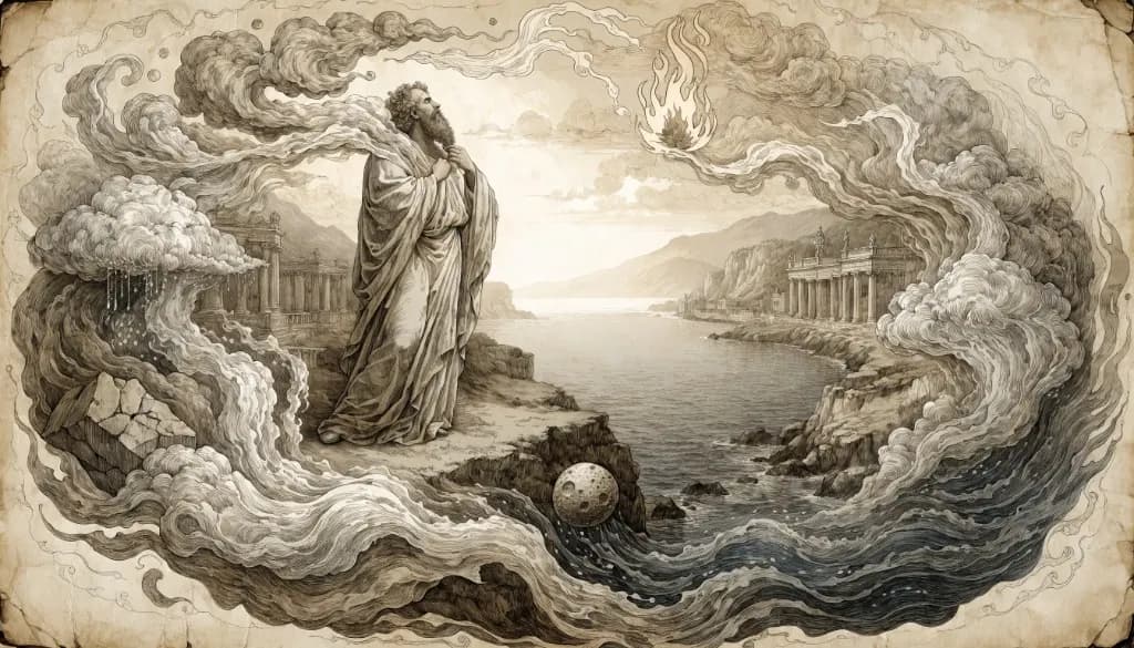 Anaximenes stands on a rocky shore between swirling clouds, waves, fire, and ancient temples, evoking his idea that air transforms into all things.