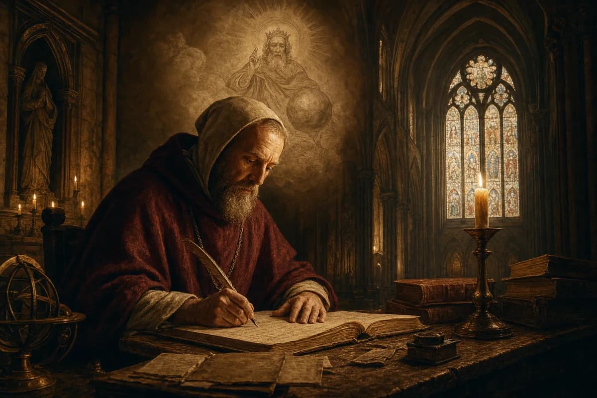 Anselm Canterbury'de ontolojik kanıtı yazıyor; zihinde düşünülebilecek en büyük varlık akıldan gerçekliğe yükseliyor, katedral ışığı.