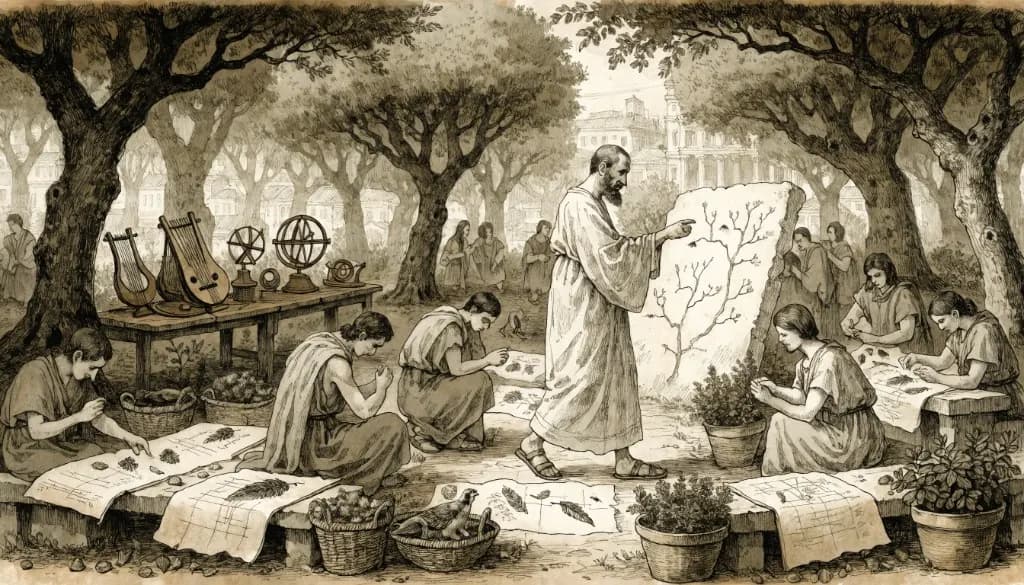 Aristotle teaches in a shaded Lyceum garden while students study plants, animals, diagrams, instruments, and specimens.