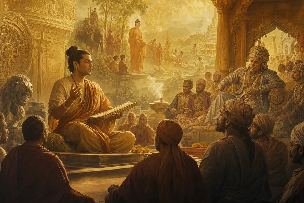 Ashvaghosha Kuşan sarayında Buddhacarita'yı okuyor; Sanskrit destan dizesi Buda'nın yaşamını şiire dönüştürüyor.