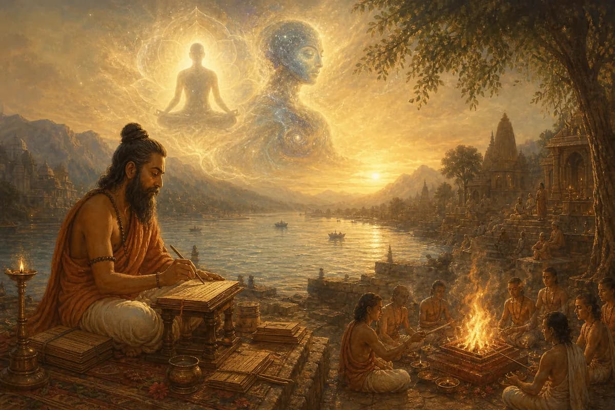 Badarayana weaves Brahma Sutras by the sacred Ganges, atman and Brahman as one thread through Upanishadic fire.
