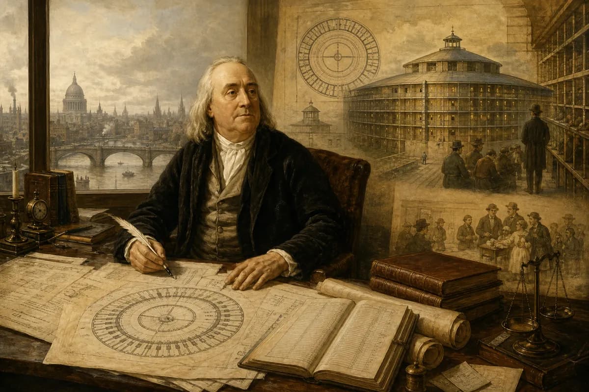 Bentham Londra'da Panoptikon ve faydacı hesap taslağı; en büyük mutluluk planlarda ölçülüyor.