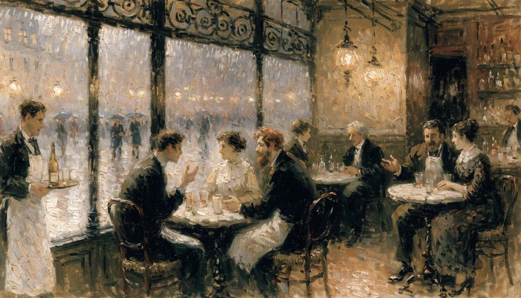 1900'de Belle Époque Paris kahvesi, gaz ışığı altında mermer masalar, canlı sohbet, bulvar pencerelerinde akan yağmur, ıslak kaldırımlarda yansımalar.