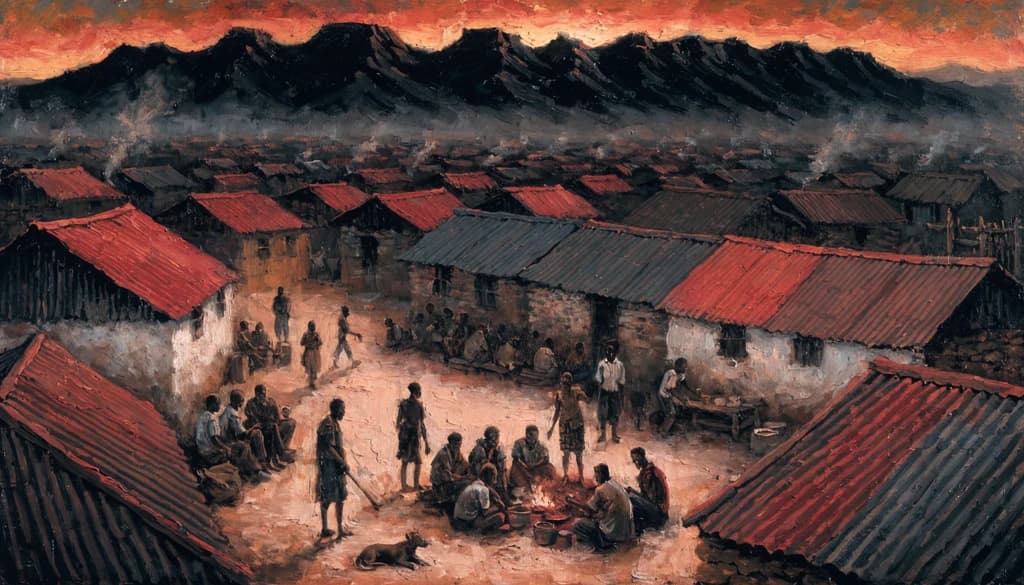 İlk ışıkta Güney Afrika'da bir yerleşim alanı, kırmızı şafağı yakalayan oluklu demir çatılar, uzakta görünen Drakensberg dağları, açık bir alanda toplanan insanlar, sessiz kolektif bir kararlılık hissi.