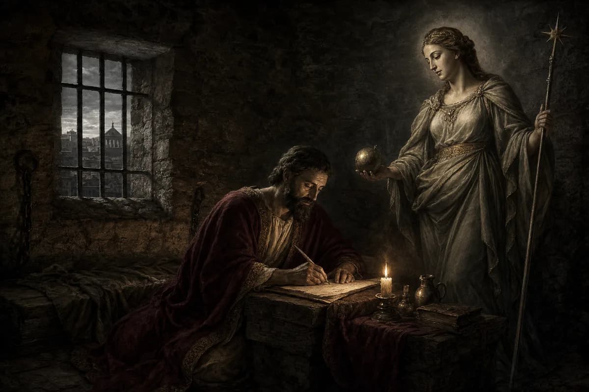 Boethius hapishanede Felsefenin Tesellisi'ni yazıyor; Lady Philosophy ziyaret ediyor, parmaklıklı pencerenin ötesinde Roma sütunları solarak kalıyor.