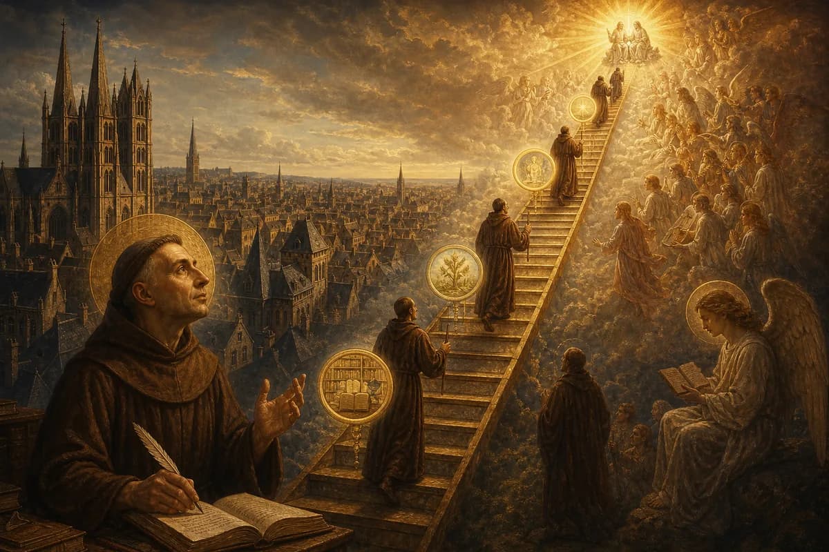 Bonaventure maps the mind's journey to God, ladder of knowledge from nature to mystical union, Franciscan light.