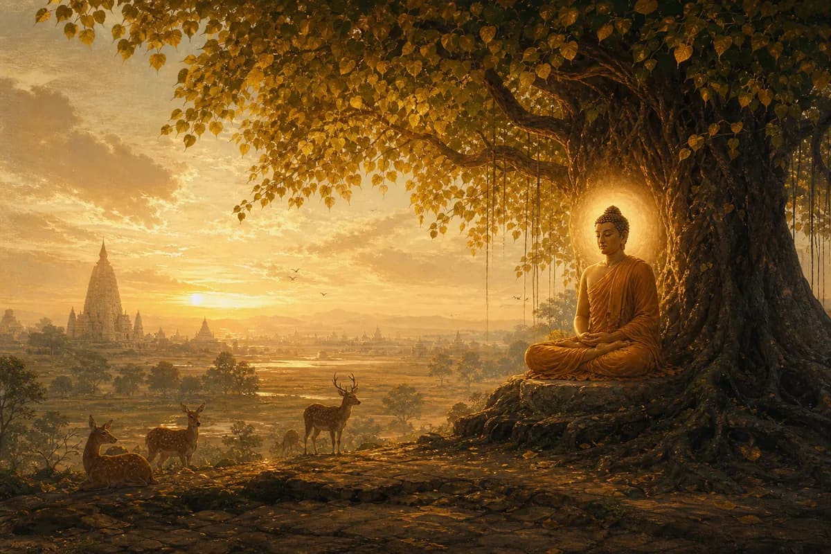 Buda şafakta Bodhi ağacının altında oturuyor; uyanış Ganj Ovası üzerinde yayılıyor, uzakta geyikler ve hacılar.
