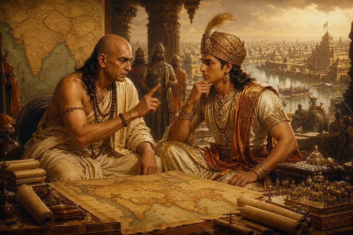 Chanakya Pataliputra'da Chandragupta'ya danışmanlık yapıyor; Arthashastra tomarları ve imparatorluk haritaları, yanılsamasız iktidar incelemesi.