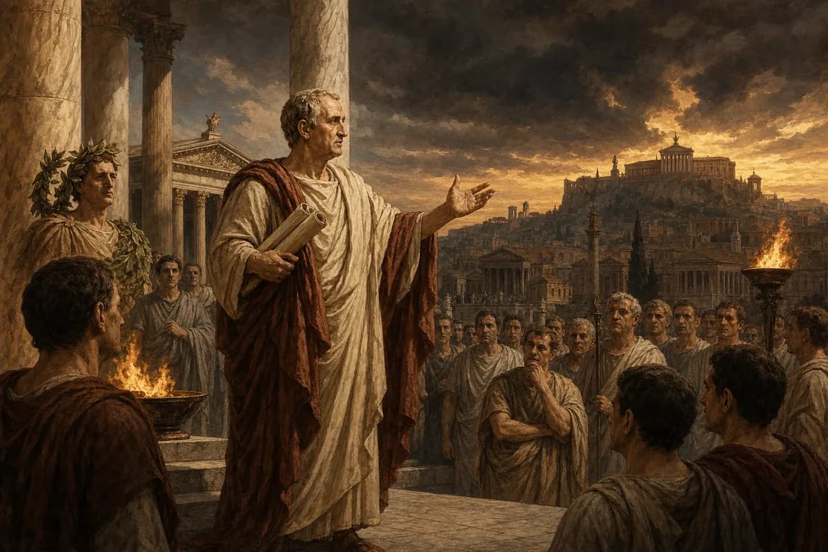 Cicero stands in the Roman Forum at dusk between marble columns, scrolls in hand, citizens listening as storm clouds gather over the Capitol.