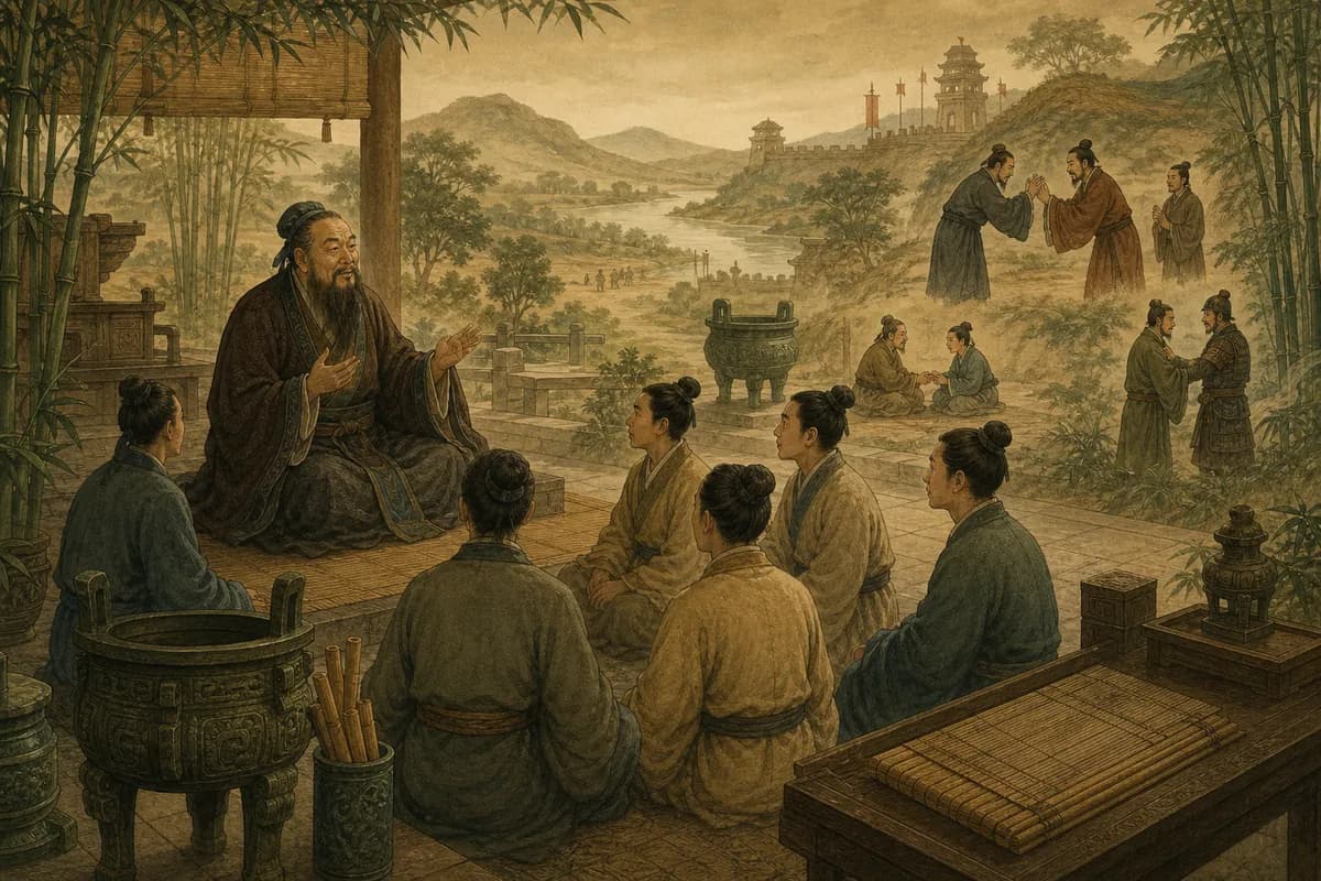 Konfüçyüs Qufu'da ritüel kapları ve bambu arasında öğretiyor; öğrenciler beş ilişkinin sakin düzeninde toplanmış.