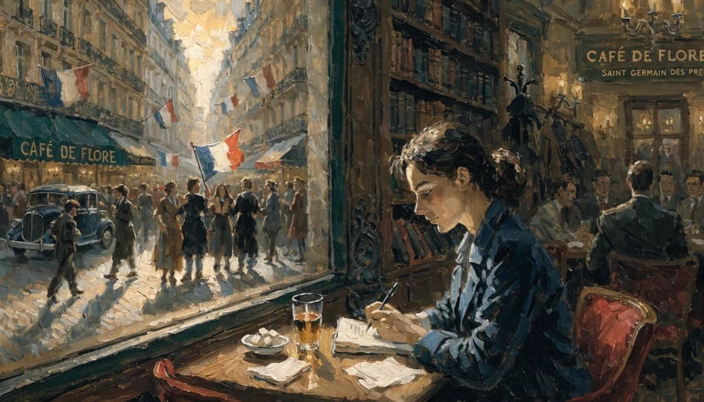 Café de Flore in Paris, August 1945, a woman writing at a window table, Liberation Paris outside with tricolor flags, warm café light against evening streets.