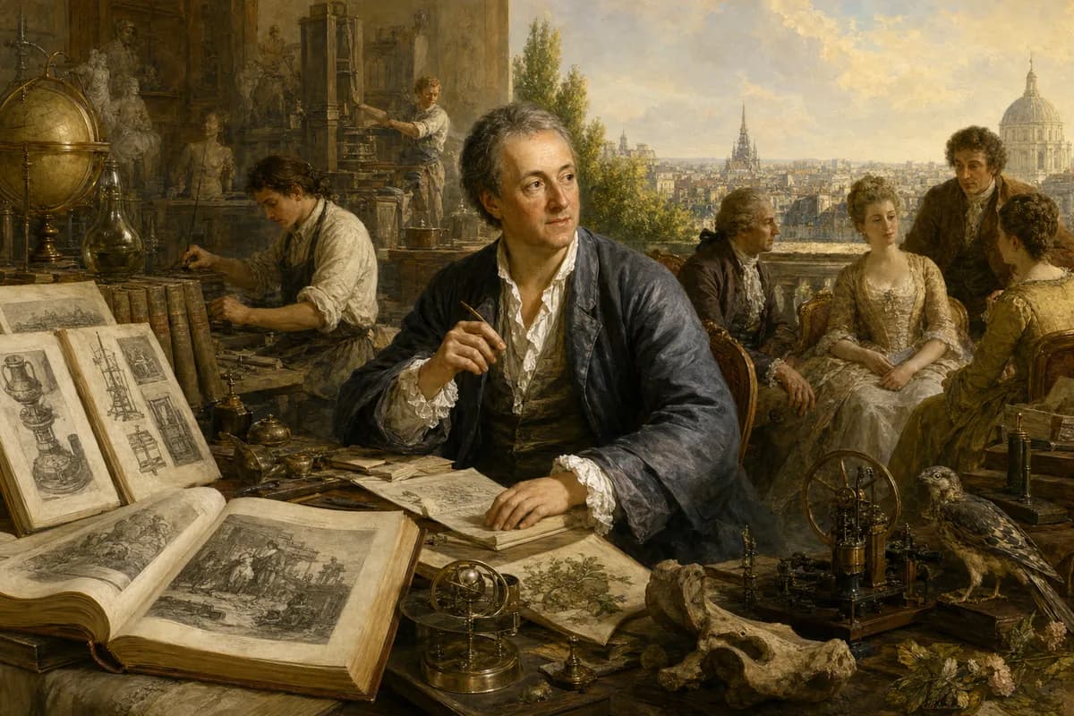 Diderot Paris'te Ansiklopedi ciltleri arasında; zanaat ve bilimler haritalanmış, kenar boşluklarında maddi zihin.