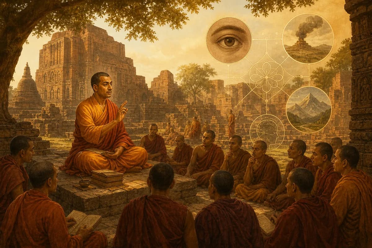 Dignaga Nalanda'da Budist mantığını öğretiyor; algı ve çıkarım ikiz lambalar, kumda yazılı apoha dışlaması.