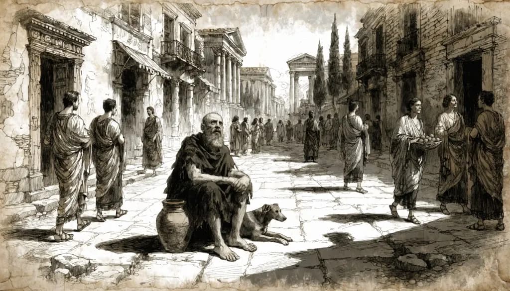 Diogenes sits in a sunlit Corinth street beside a clay jar and a dog while ordinary city life passes around him.