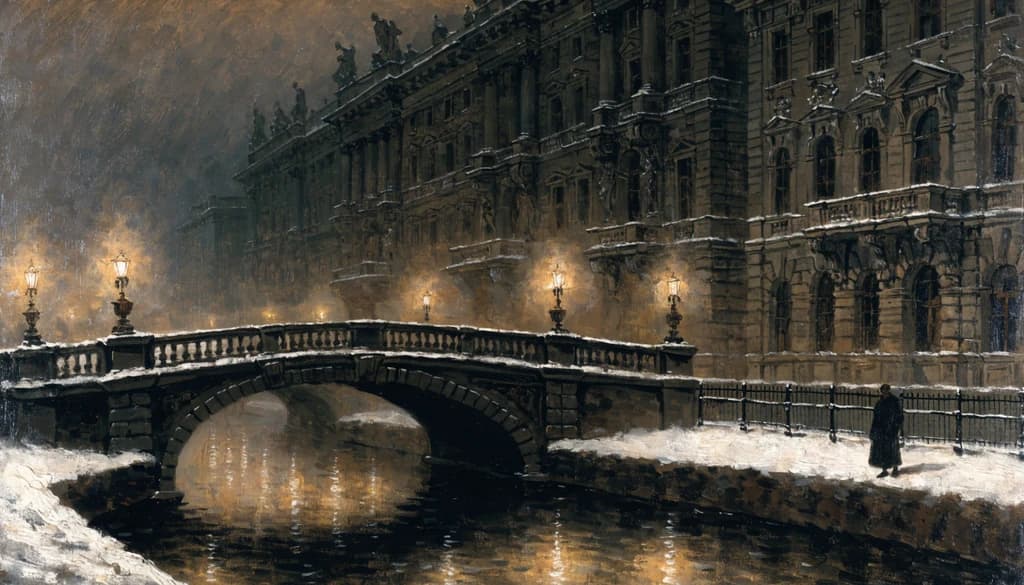 A St. Petersburg canal at night in winter, gaslit stone bridges arching over dark water, a lone figure on a snow-dusted embankment, 19th-century imperial buildings looming in the fog.
