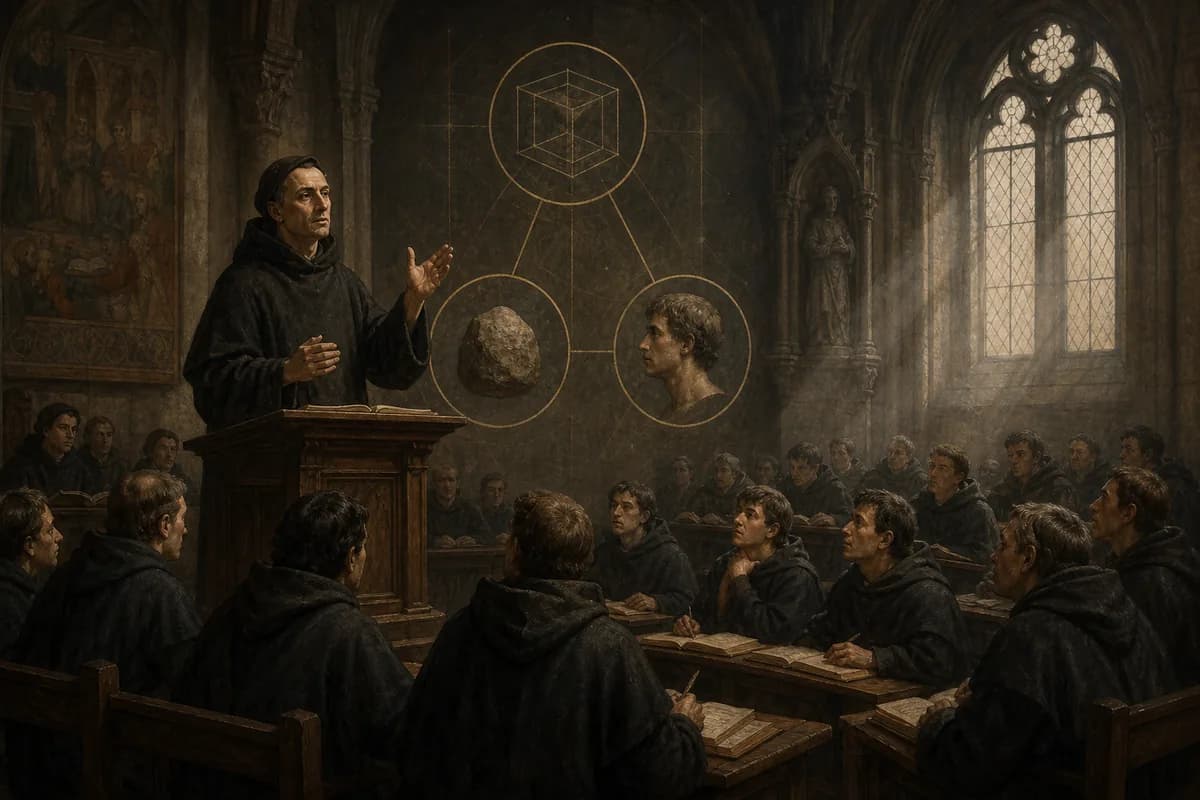Duns Scotus lectures at Paris on thisness and univocal being, subtle distinctions in scholastic hall.