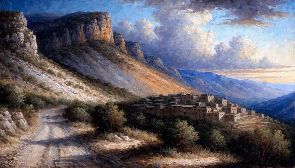 An Algerian mountain landscape at sunset, 1958, rugged rocky hillsides above a terraced village, a dusty road through scrubland, orange light on limestone cliffs.