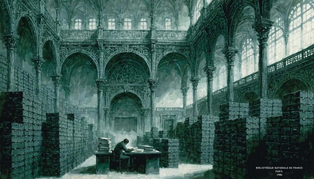 1966'da Paris'te Bibliothèque Nationale okuma salonu, arşiv kutusu kuleleriyle çevrili masada yalnız bir akademisyen, yukarıda yükselen ayrıntılı demir mimari.