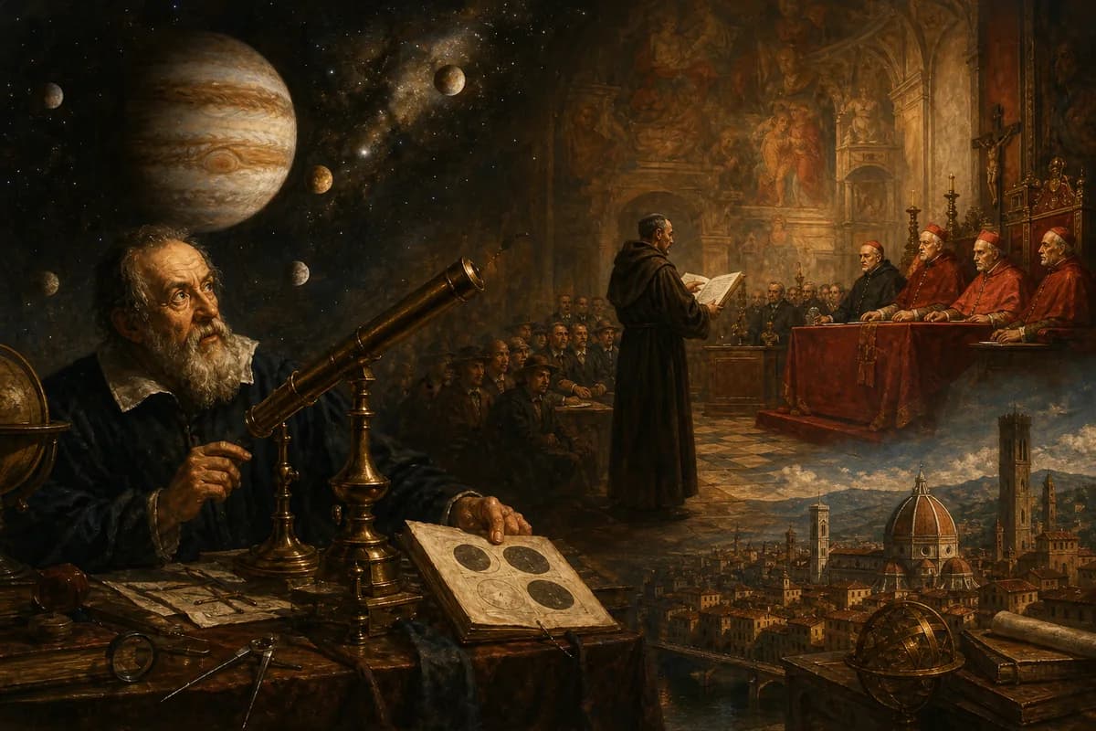 Galileo turns telescope on Jupiter's moons, book of nature written in geometry, Inquisition shadow over Florence.
