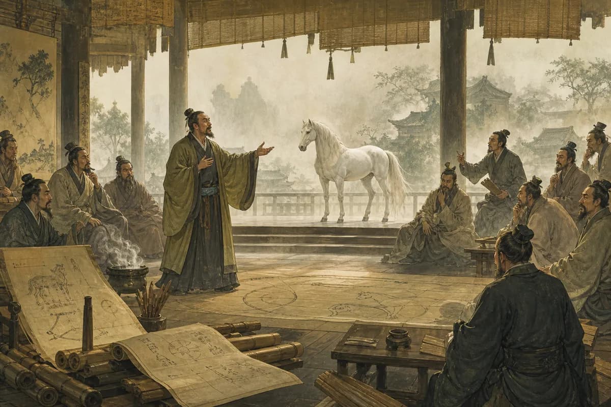 Gongsun Long debates the white horse paradox at Jixia, logical scrolls in a misty debating hall.