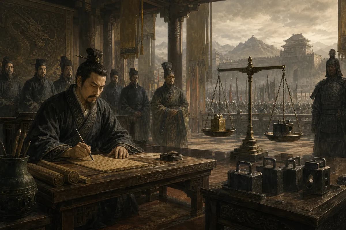 Han Feizi writes cold legal essays in a Qin court, scales of reward and punishment, iron law tablets.