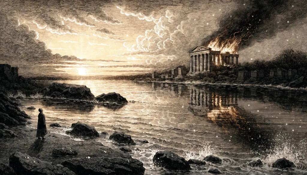 Heraclitus watches a burning temple across dark water, where stars, smoke, flame, and ripples make the whole scene unstable.