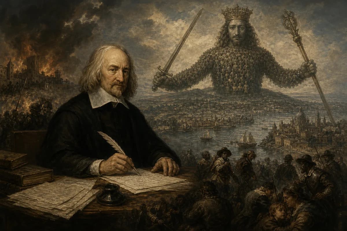 Hobbes writes Leviathan in Paris exile, war of all against all, sovereign leviathan rising over civil war England.