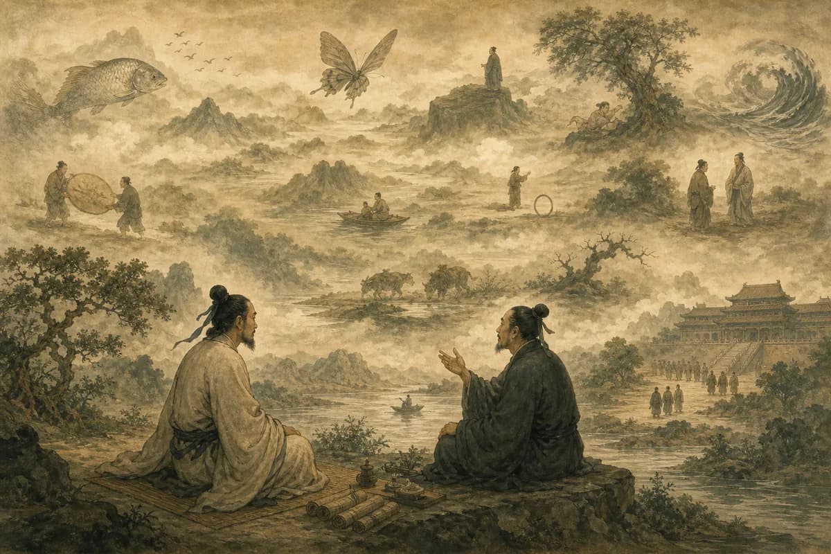 Hui Shi debates Zhuangzi by the Wei river, paradoxes dissolving horizons, friendship and logic intertwined.