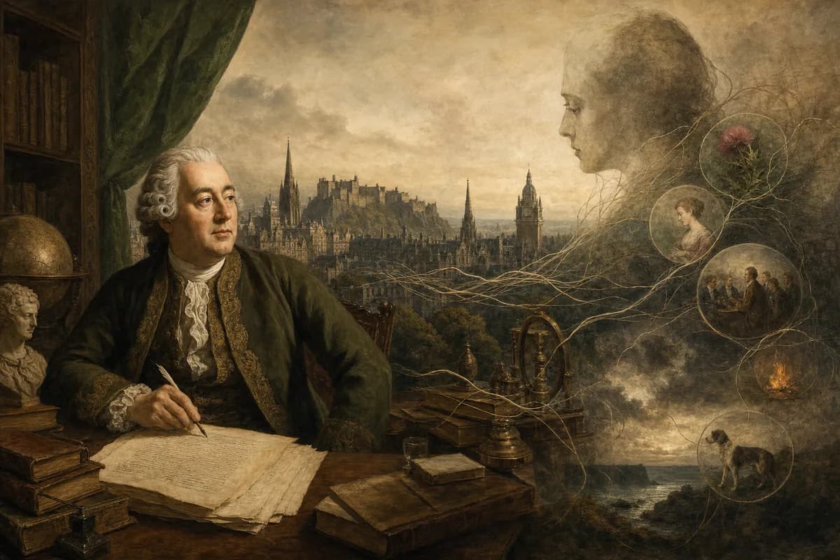 Hume in Edinburgh study with Treatise pages, habit and causation dissolving certainty, calm skeptical fire.