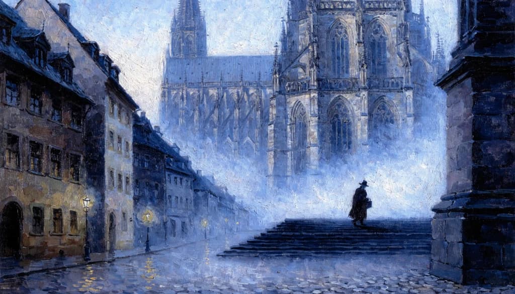 Freiburg cathedral square at dawn, morning mist on cobblestones, the Gothic Münster rising in fog, a scholar's silhouette ascending stone steps.