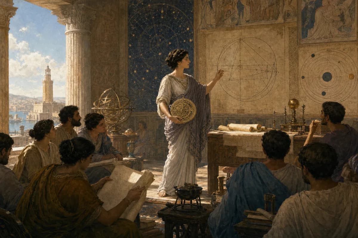 Hypatia İskenderiye'de bir usturlap ve geometrik çizimlerle ders veriyor; duvarlarda yıldız haritaları, sütunlu ışıkta tomarlı öğrenciler.