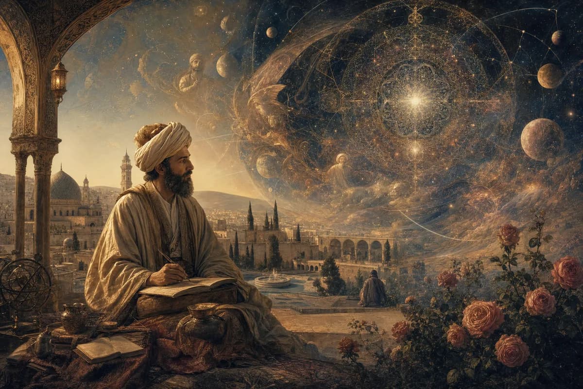 İbn Arabi Şam avlusunda; kozmos ilahi isimlerin aynası, güller ve geometrik ışık açılıyor.
