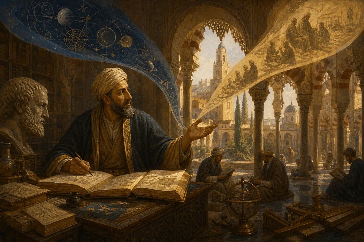 Ibn Rushd comments on Aristotle in Cordoba, two paths of scripture and demonstration meeting over open manuscripts.