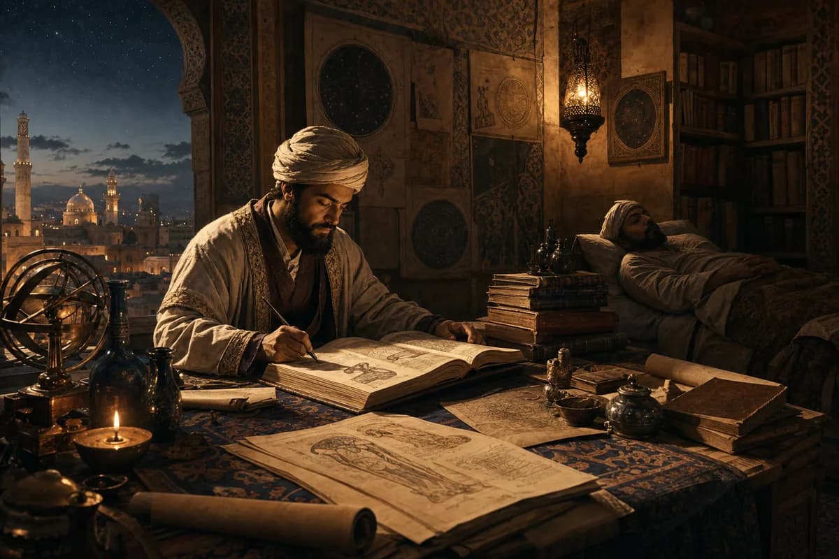 Ibn Sina writes by candlelight while treating a patient, Canon manuscripts and star charts crowding a Persian study.