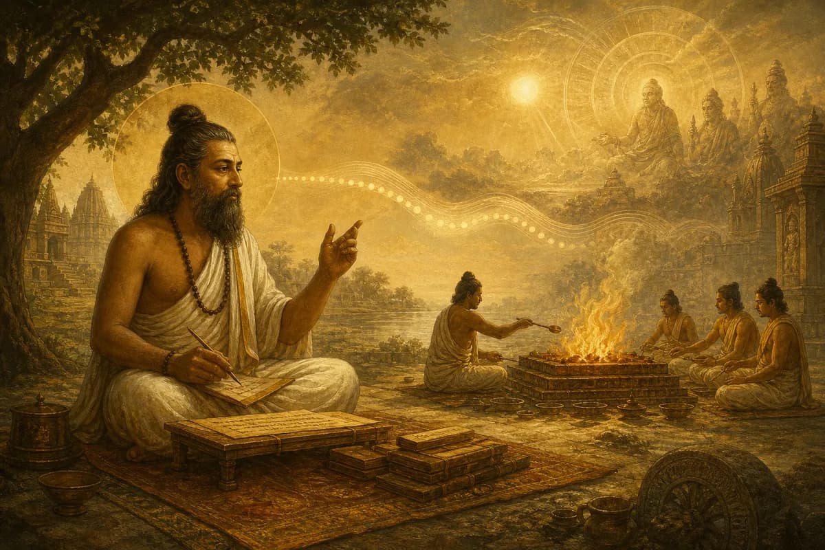 Jaimini Mimamsa salonunda Veda görevini yorumluyor; ritüel ateş ve ebedi söz ödülsüz yükümlülüğü bağlıyor.